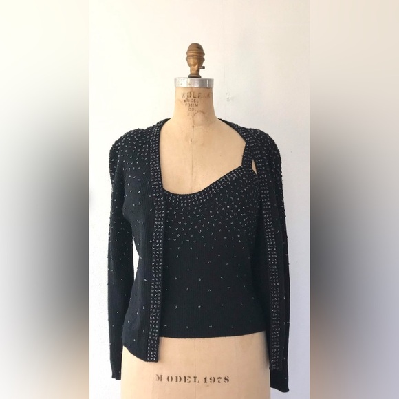 Vintage 60s Beaded Wool Blend tank top w matching cardigan - Picture 5 of 10